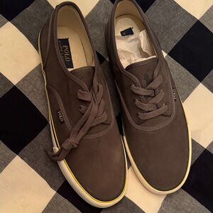 Polo by Ralph Lauren Men's Dark Grey Sneakers with Yellow Trim